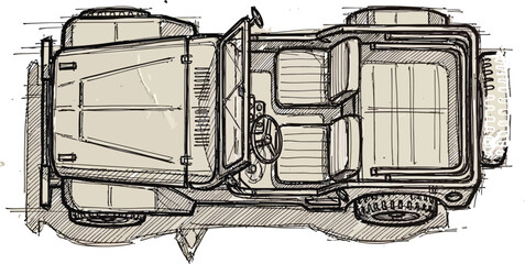 Detailed blueprintstyle illustration of a jeep from a topdown perspective, showcasing its interior layout and design features, isolated on white background © Naveed Khan