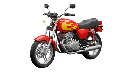 Obraz premium A detailed 3D rendering of a vibrant red standard motorcycle with classic flame graphics. An iconic two-wheeler isolated on a white studio background