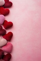 Obraz premium vertical top view image red and pink felt hearts on soft pink background with copy space. decorative elements perfect for expressing love during celebrations like Valentine Day or anniversaries