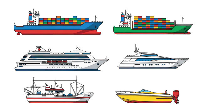 Set of different types of ships and boats isolated on transparent background