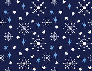 Winter Seamless Vector Floral Pattern with Green Branches, Leaves and Stars on a dark Blue Background.