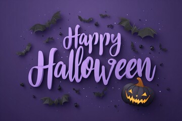 Halloween typography with bats and pumpkin on purple background, perfect for seasonal cards, posters and social media designs. spooky and festive atmosphere for October celebrations