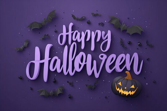 Halloween typography with bats and pumpkin on purple background, perfect for seasonal cards, posters and social media designs. spooky and festive atmosphere for October celebrations