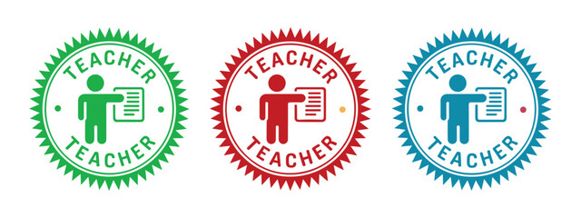 Vector illustration of three academic teacher badges in green red and blue with presentation icons scalable eps format