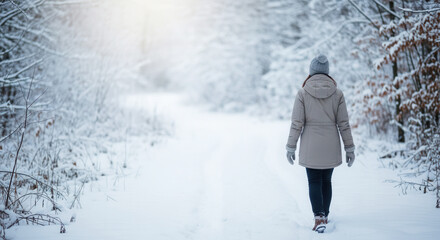 Woman walking on snowy path in forest during winter season  