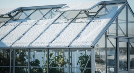 Fototapeta premium Greenhouse with snow-covered roof under clear sky in winter 