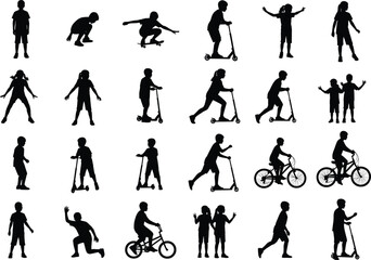 Children silhouettes playing, kids activities, scooter riding, bicycle silhouette, skateboard figure, outdoor play, childhood lifestyle, recreation concept, motion design, fun illustration