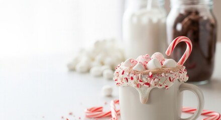 Hot chocolate with marshmallows and candy cane on white background  
