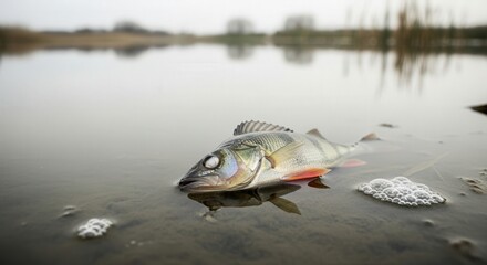 Dead fish lying on riverbank with calm water background  