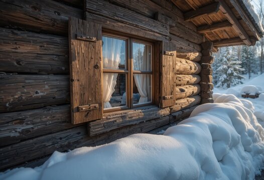 Alpine cabin window, snow piled outside, warm rim light on linen curtain