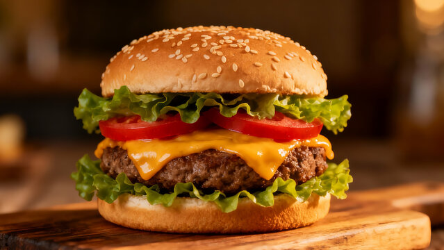 Big Burger on Rustic Table - Powered by Adobe