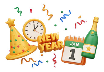 A festive 3D rendering of New Year's Eve celebration elements, including a party hat, clock at midnight, January 1st calendar, and a champagne bottle with confetti
