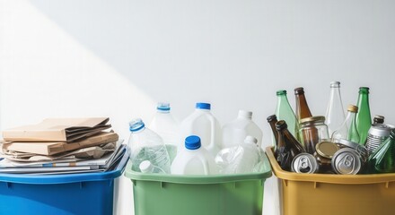 Recycling bins filled with paper, plastic, and glass waste indoors  