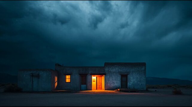 Empty Adobe House With Flickering Interior Light