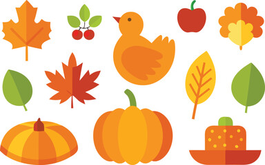 Thanksgiving day vector icons collection turkey pumpkin autumn leaves berries eps illustration
