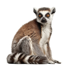 Obraz premium Lemur with striking eyes sits calmly, showcasing its distinctive fur patterns in a neutral background isolated on transparent background
