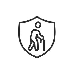 Shield with elderly person, linear icon. Senior care and protection service. Line with editable stroke.