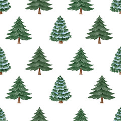 Seamless watercolor pattern with snow-covered fir trees. A cozy winter design, perfect for wrapping paper, greeting cards, fabric, and holiday decorations.