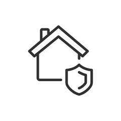 House with shield, linear icon. Home protection and security system. Line with editable stroke.