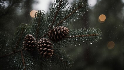A beautiful branch of evergreen pine tree with two brown cones covered in fresh raindrops on a blurred forest background