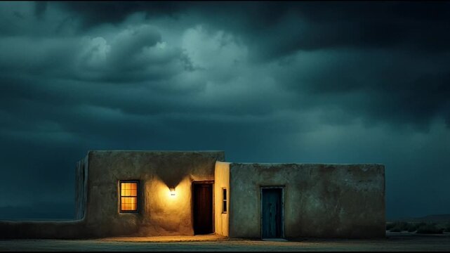 Empty Adobe House With Flickering Interior Light