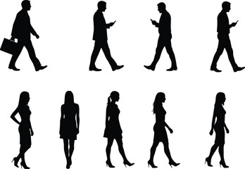 Silhouettes of business people walking, men and women, briefcase, phone, professional attire, urban commute, office lifestyle, corporate, city illustration