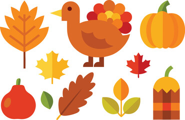 Thanksgiving vector icons collection turkey pumpkins autumn leaves seasonal celebration illustration