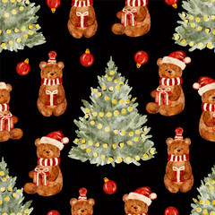 Christmas teddy bears and trees festive pattern on black.