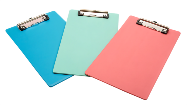 Three different colored clipboards cut out on PNG. AI GENERATED.
