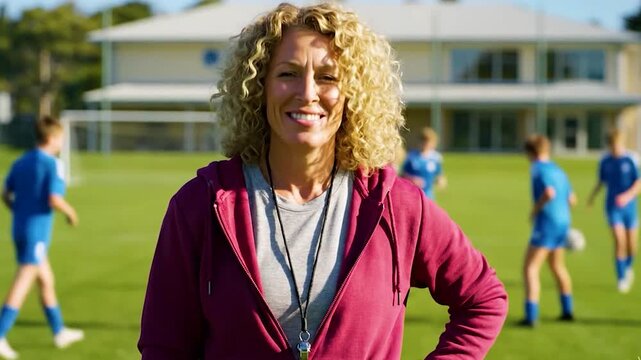 Smiling female soccer coach with whistle standing on the field during practice session video