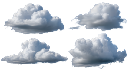 four fluffy clouds. Isolated on transparent background, png