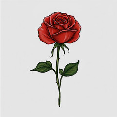 The image shows a single red rose on a white background, drawn in an illustration style and colored with wax pastels.