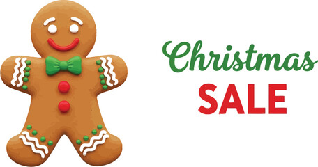 Gingerbread man with christmas sale text isolated on white background, holiday promotion design
