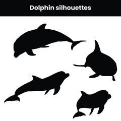 Dolphin silhouettes vector collection showing jumping and swimming dolphins isolated on white background perfect for ocean life design marine illustration and aquatic themed vector artwork