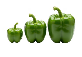 Three green bell peppers of different sizes isolated on transparent background