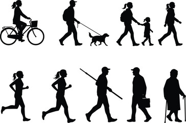 Obraz premium Silhouettes of people walking, running, cycling, daily activities, dog walking, carrying items, urban lifestyle, diverse postures, family, elderly, motion illustration