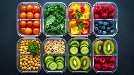 Top-down view, eight meal prep containers, 2x4 grid, dark slate
