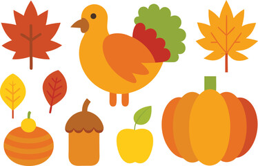 Thanksgiving holiday icons collection featuring turkey pumpkin maple leaves autumn vector illustration