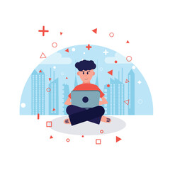 Digital nomad working on laptop in city.Young freelancer sitting cross-legged with computer.Remote work,freelance lifestyle,modern flat illustration,online business concept.Vector illustration eps 10