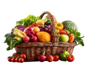 Abundant harvest basket overflowing with fresh vibrant fruits and vegetables variety