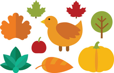 Thanksgiving autumn icons collection featuring turkey pumpkin and fall leaves vector illustration