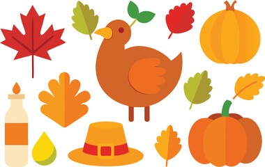 Thanksgiving day vector icons collection featuring turkey pumpkins maple leaves and pilgrim hat