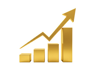Golden bar graph with upward trending arrow isolated on transparent background