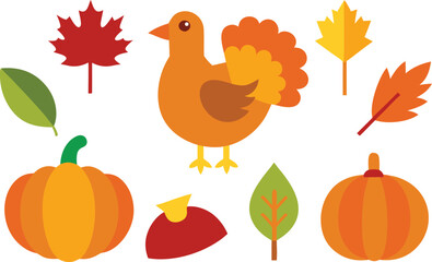Thanksgiving day icons collection turkey pumpkin autumn leaves vector illustration
