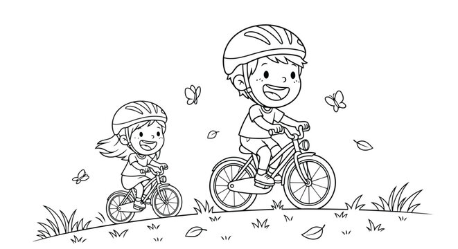kids riding bikes black and white clip art preview