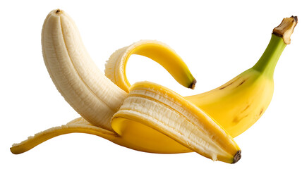 Ripe, yellow fruit with partially peeled skin, showcasing its creamy interior and natural curves.