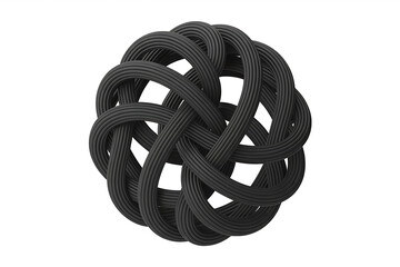 Intricate, spherical form composed of interwoven cords creates a complex, knotted, and visually striking design.