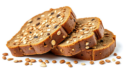 Multigrain bread slices with scattered seeds on white background, fresh and healthy whole grain loaf for nutritious eating