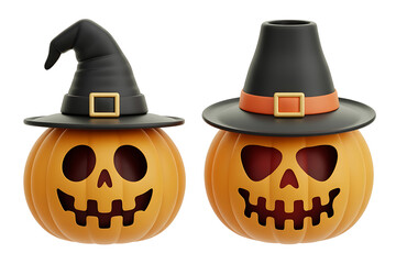 Two grinning pumpkins adorned with spooky hats, evoking a festive Halloween atmosphere.