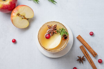Apple cider with cinnamon, anise, brown sugar and rosemary in a glass on a light background